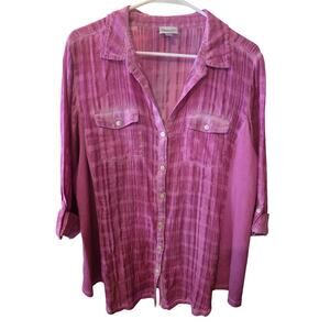 Avenue Button Front Top 26/28 Womens Plus Size Purple 3/4 Sleeve Cotton Beachy